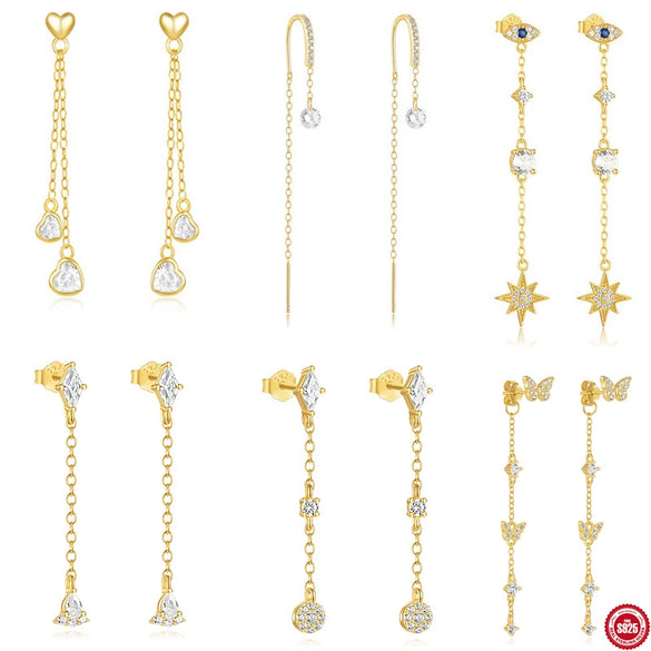 Wholesale S925 Sterling Silver Glossy Love Tassel Chain Inlaid Love Zircon Geometric Minimalist Earrings For Women