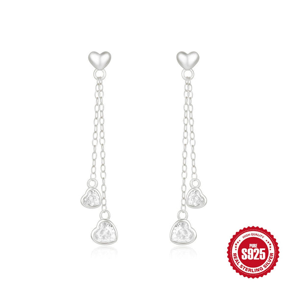 Wholesale S925 Sterling Silver Glossy Love Tassel Chain Inlaid Love Zircon Geometric Minimalist Earrings For Women