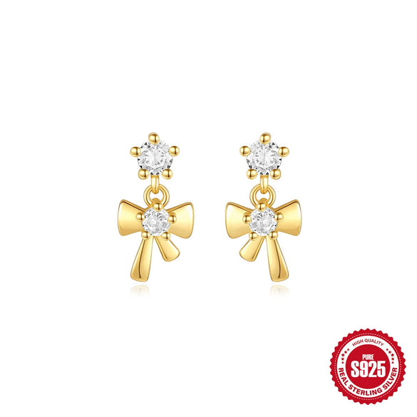 Wholesale S925 Sterling Silver Gold Plated Geometric Bow Earrings With Rose Zircon Light Luxury Retro Style And Electroplating Processing