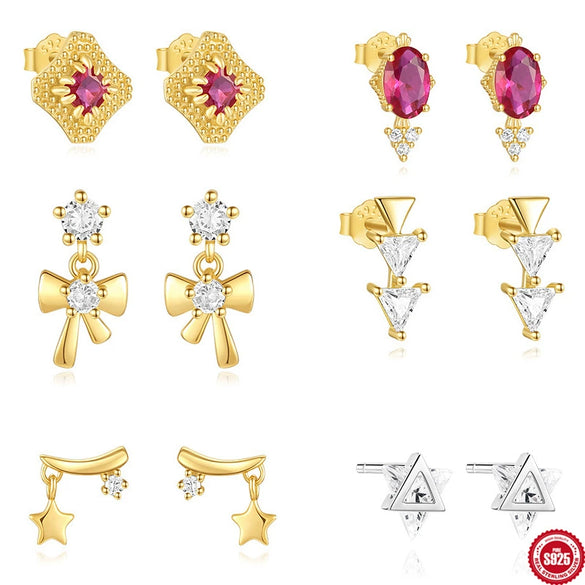 Wholesale S925 Sterling Silver Gold Plated Geometric Bow Earrings With Rose Zircon Light Luxury Retro Style And Electroplating Processing