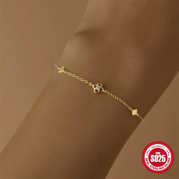 Wholesale S925 Sterling Silver Goldplated Simple Plain Glossy Flower Fourleaf Clover Women's Bracelet