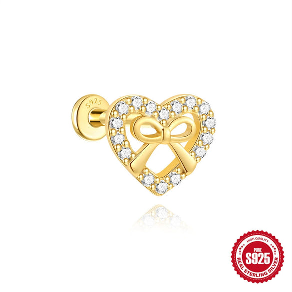 Wholesale S925 Sterling Silver Heart Bow Flat Head Cartilage Piercing Earrings With Zirconia For Unisex