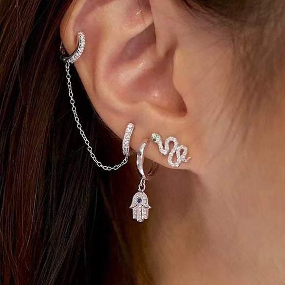 Wholesale S925 Sterling Silver Heart Shaped Earrings With Palm And Devil's Eye Design Inlaid With Diamond Like Zircon Fashion Creative Stylish Cold Style