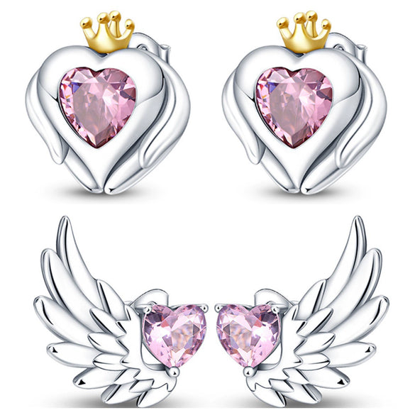 Wholesale S925 Sterling Silver Heart Shaped Wings Crown Earrings With Electroplating For Women