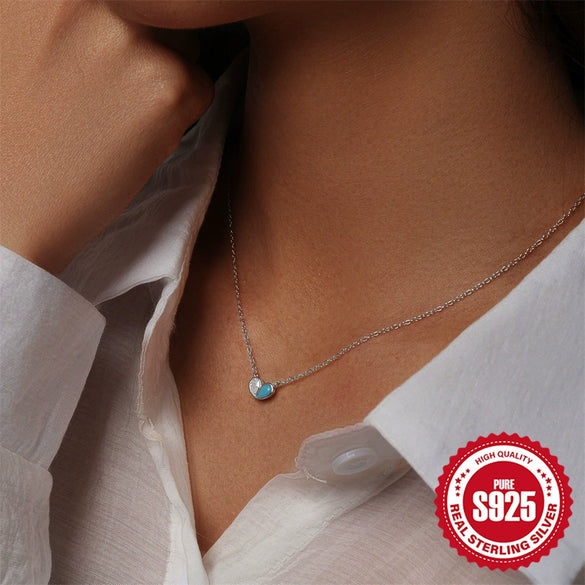 Wholesale S925 Sterling Silver Heart Shaped Zircon And Turquoise Double Color Matching Clavicle Chain Necklace For Women With Electroplating Process