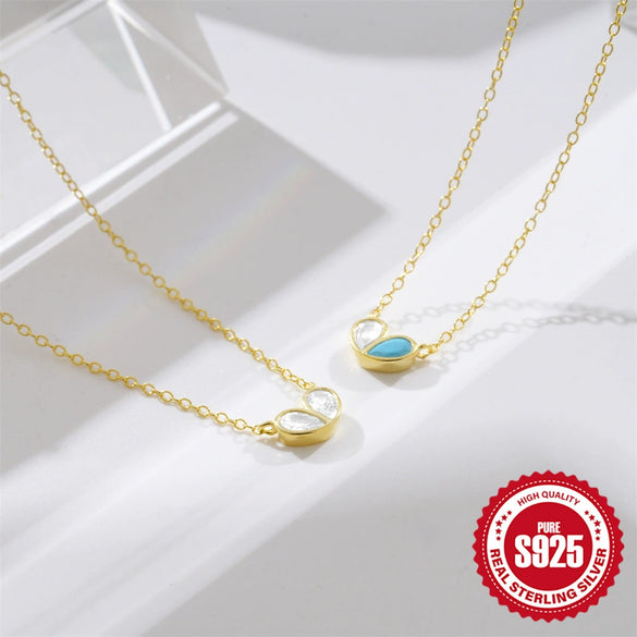 Wholesale S925 Sterling Silver Heart Shaped Zircon Double Color Matching Clavicle Chain Necklace For Women