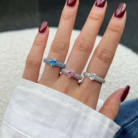 Wholesale S925 Sterling Silver Heart Shaped Zircon Ring For Women Sweet Style Electroplated