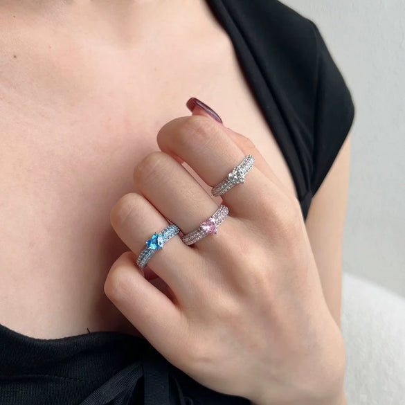 Wholesale S925 Sterling Silver Heart Shaped Zircon Ring For Women Sweet Style Electroplated