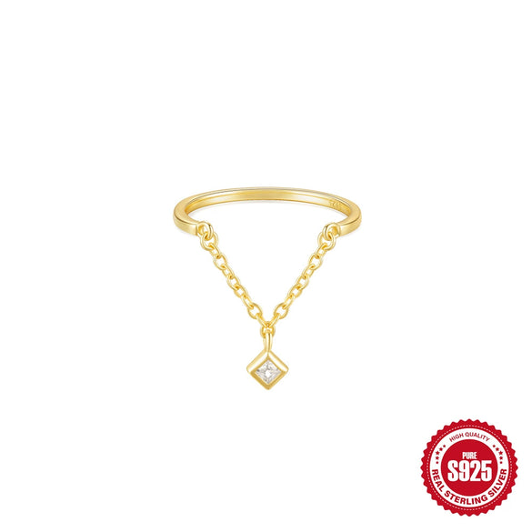 Wholesale S925 Sterling Silver Heartshaped Tassel Diamond Chain Adjustable Ring With Electroplating And Real Gold Plating For Women