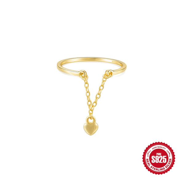 Wholesale S925 Sterling Silver Heartshaped Tassel Diamond Chain Adjustable Ring With Electroplating And Real Gold Plating For Women