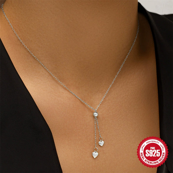 Wholesale S925 Sterling Silver Heartshaped Tassel Long Adjustable Love Collarbone Necklace With Electroplating For Women