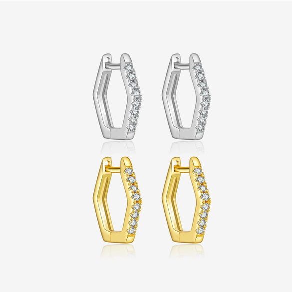 Wholesale S925 Sterling Silver Hexagonal Electroplated Platinum 18K Gold Zircon Earrings Retro Classic Style