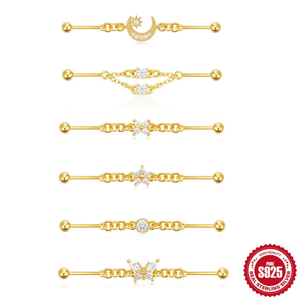 Wholesale S925 Sterling Silver Industrial Barbell Puncture With Star Moon Element Chain Geometric Design Electroplating Treatment For Women