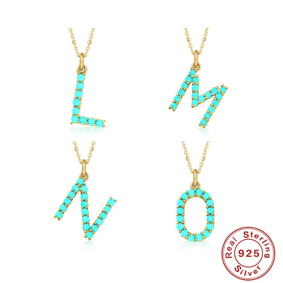 Wholesale S925 Sterling Silver Initial Letter Necklace With High End Natural Turquoise O Chain Electroplated