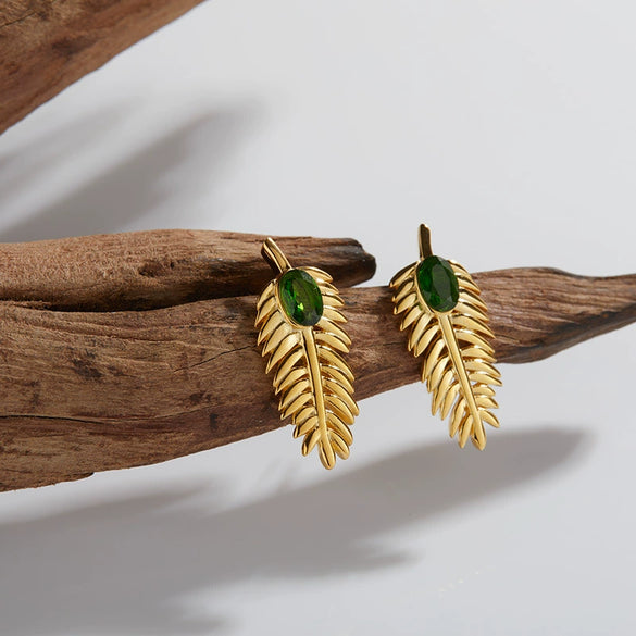 Wholesale S925 Sterling Silver Inlaid Natural Diopside Garnet Color Feather And Leaves Design Women's Earrings