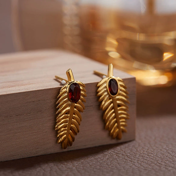 Wholesale S925 Sterling Silver Inlaid Natural Diopside Garnet Color Feather And Leaves Design Women's Earrings