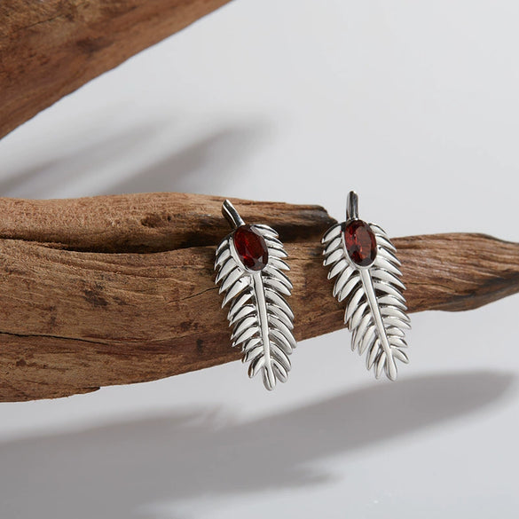 Wholesale S925 Sterling Silver Inlaid Natural Diopside Garnet Color Feather And Leaves Design Women's Earrings