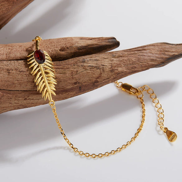 Wholesale S925 Sterling Silver Inlaid Natural Diopside Garnet Color Feather And Leaves Design Women's Earrings