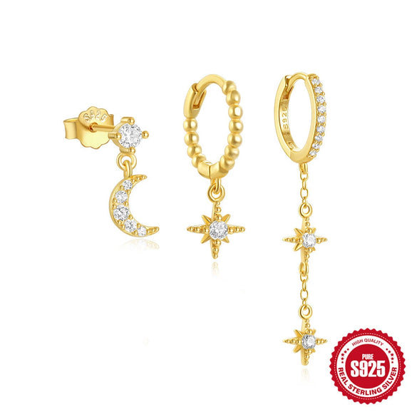 Wholesale S925 Sterling Silver Irregular Star Month Fashion Tassel Earring 3 Piece Set With Geometric Pattern And Electroplating Treatment