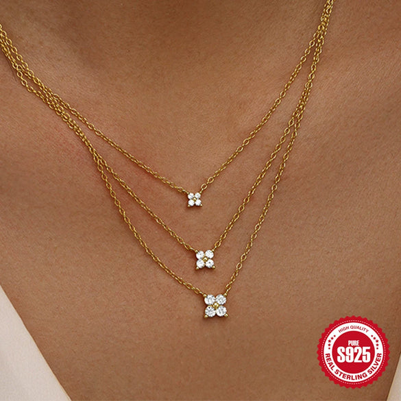 Wholesale S925 Sterling Silver Light Luxury Petals Three Layer Stacked Collarbone Necklace For Women With Geometric Design And Electroplating Treatment