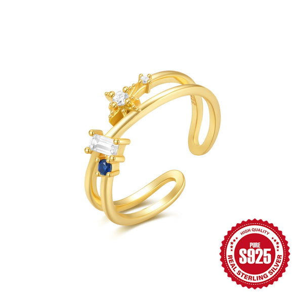 Wholesale S925 Sterling Silver Light Luxury Ring With Microinlaid Colored Diamonds Double Layer Open Design Geometric Pattern Electroplated