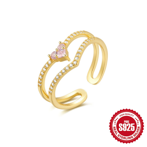 Wholesale S925 Sterling Silver Light Luxury Ring With Microinlaid Colored Diamonds Double Layer Open Design Geometric Pattern Electroplated