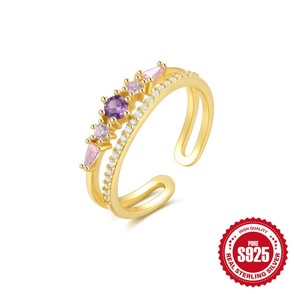 Wholesale S925 Sterling Silver Light Luxury Ring With Microinlaid Colored Diamonds Double Layer Open Design Geometric Pattern Electroplated