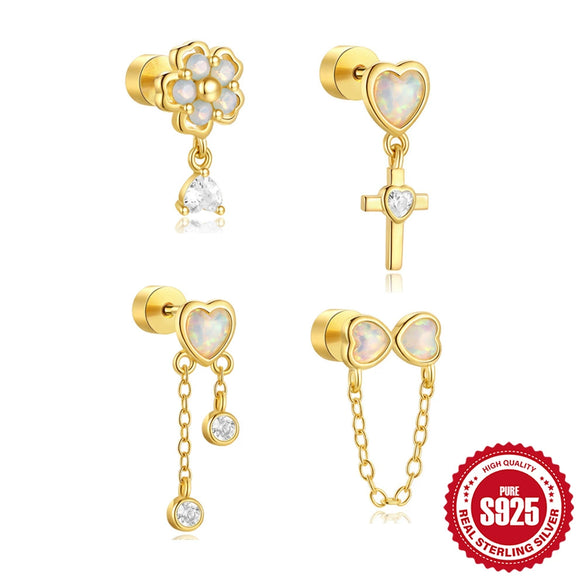 Wholesale S925 Sterling Silver Love Opal Cross Cylindrical Thread Puncture Ear Nail With Geometric Pattern And Environmentally Friendly Plating
