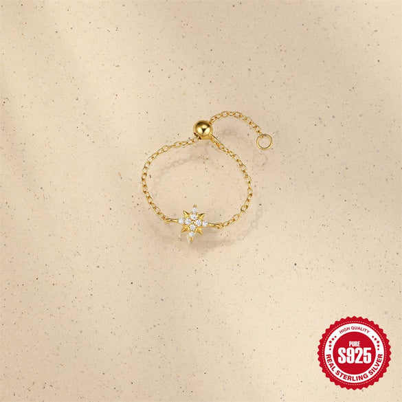 Wholesale S925 Sterling Silver Micro Diamond Geometric Star Ring For Women With Electroplating And Adjustable Chain