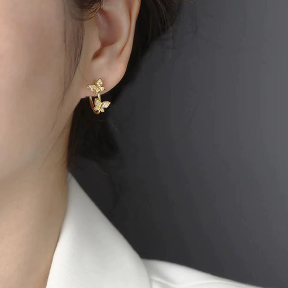 Wholesale S925 Sterling Silver Microinlaid Zircon Cshaped Butterfly Earrings Pastoral Small Fresh Advanced Ear Studs