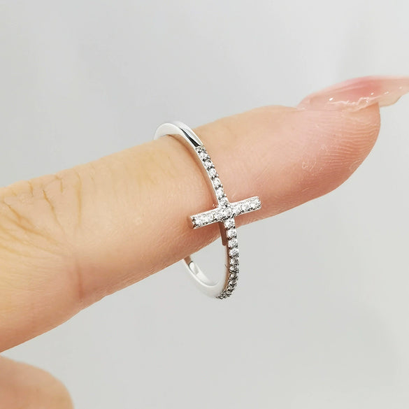 Wholesale S925 Sterling Silver Microinlaid Zircon Geometric Cross Ring With Electroplating For Fashion Commuter Ol