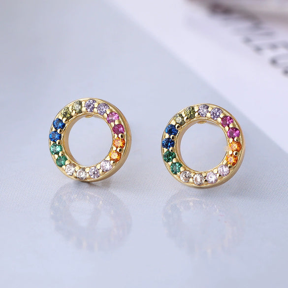 Wholesale S925 Sterling Silver Microinlaid Zircon Geometric Rainbow Circle Colorful Simple Exquisite Women's Daily Earrings