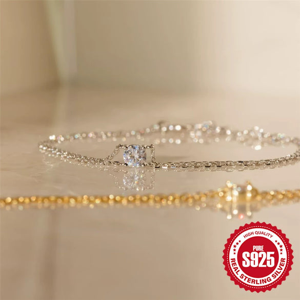 Wholesale S925 Sterling Silver Minimalist Double Layer Four Claw Diamond Embedded Geometric Bracelet