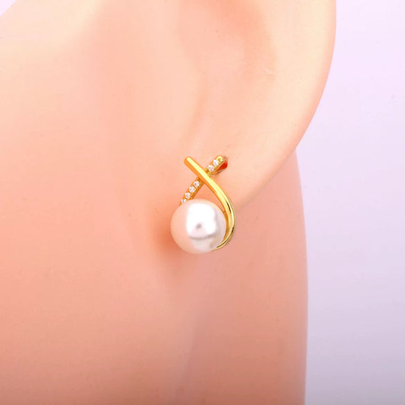 Wholesale S925 Sterling Silver Minimalist Geometric Sweet Pearl Earrings With Small Cross Line Design For Women