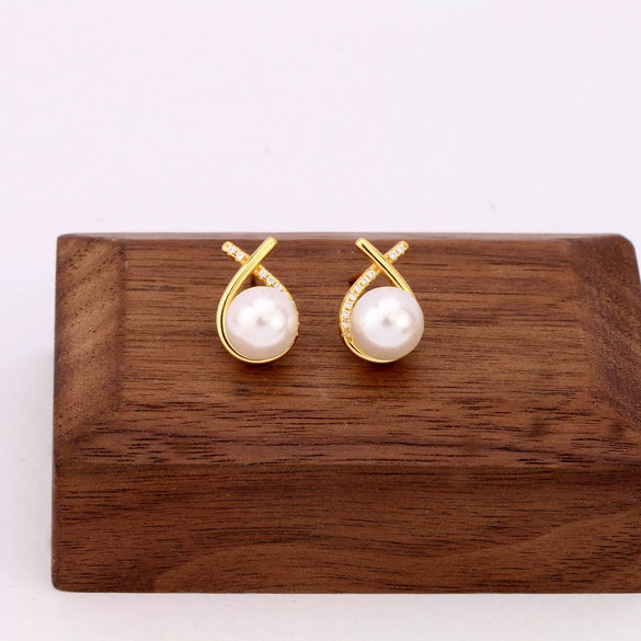 Wholesale S925 Sterling Silver Minimalist Geometric Sweet Pearl Earrings With Small Cross Line Design For Women