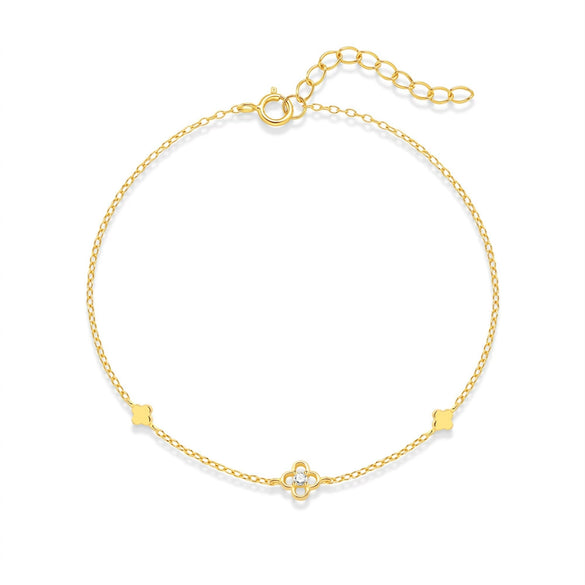 Wholesale S925 Sterling Silver Minimalist Glossy Four Leaf Clover Flower Bracelet With Real Gold Plating Electroplating Design For Women