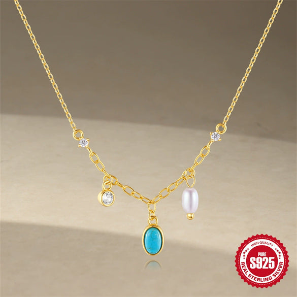 Wholesale S95 Sterling Silver Multi Element Stitching Geometric Diamond Encrusted Pearl Temperament All Match Clavicle Necklace With Electroplating O Chain Style