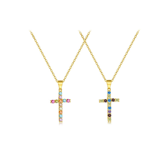 Wholesale S925 Sterling Silver Multicolor Zircon Cross Hanging Piece Necklace With 18K Gold Electroplating For Women