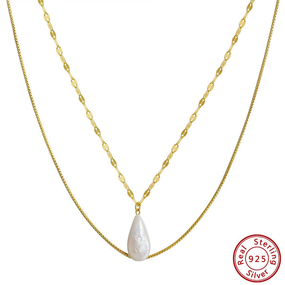 Wholesale S925 Sterling Silver Natural Freshwater Pearl Baroque Drop Shape Necklace With Geometric Pattern And Electroplating Treatment