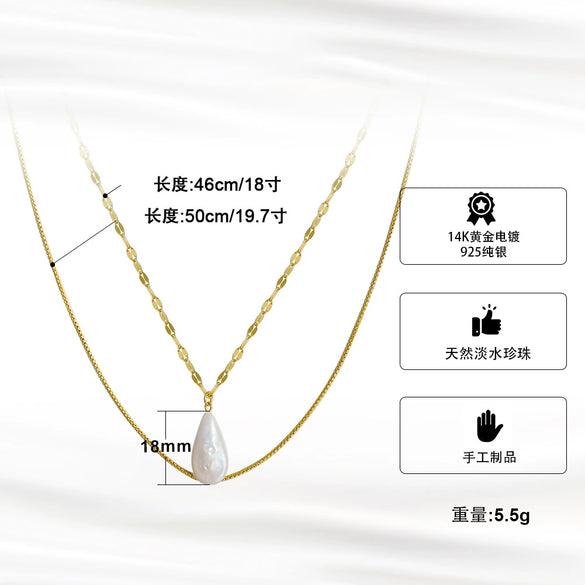Wholesale S925 Sterling Silver Natural Freshwater Pearl Baroque Drop Shape Necklace With Geometric Pattern And Electroplating Treatment