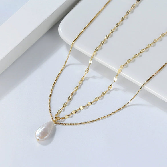 Wholesale S925 Sterling Silver Natural Freshwater Pearl Baroque Drop Shape Necklace With Geometric Pattern And Electroplating Treatment