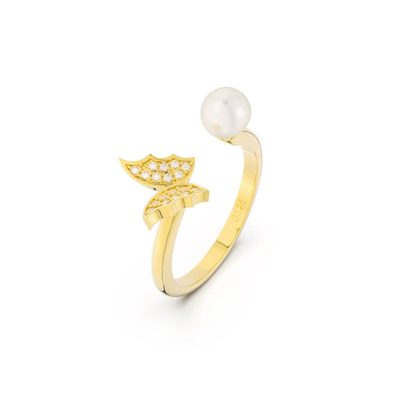 Wholesale S925 Sterling Silver Natural Freshwater Pearl Geometric Opening Adjustable Women's Ring With Electroplating