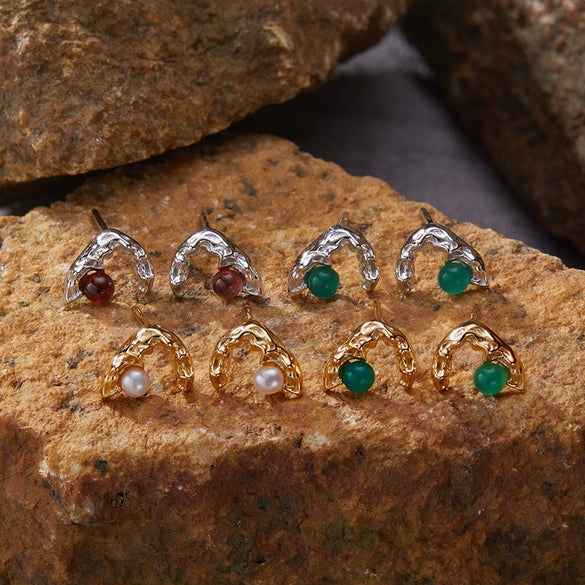 Wholesale S925 Sterling Silver Natural Pearl Geometric Landscape Art Stud Earrings Set With Gems