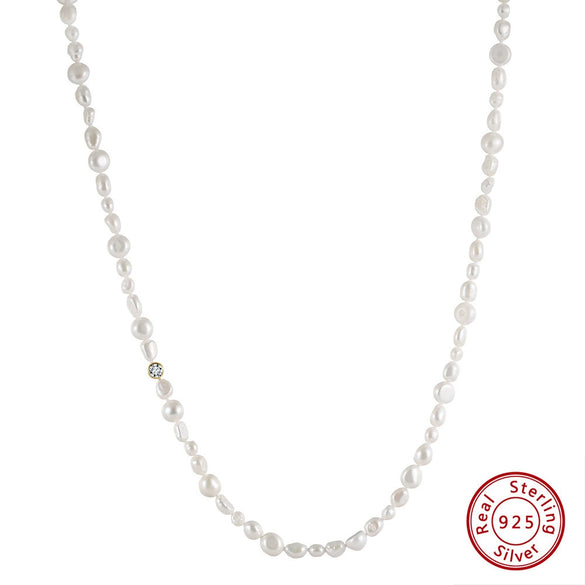 Wholesale S925 Sterling Silver Necklace With Baroque Natural Freshwater Pearl And Zircon Pendant Geometric Style Electroplated For Women