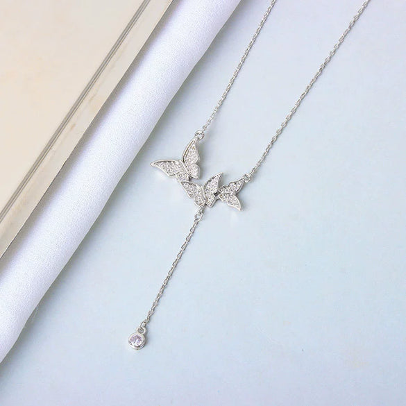 Wholesale S925 Sterling Silver Necklace With Butterfly Tassel And Cross Chain Design