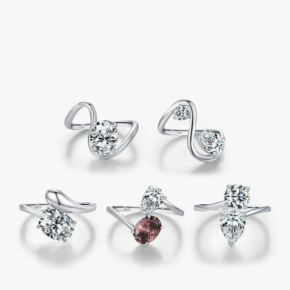 Wholesale S925 Sterling Silver Niche Design Irregular Lines Geometric Drops Diamond Ring For Women