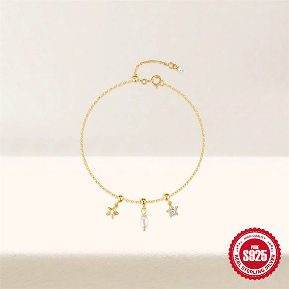 Wholesale S925 Sterling Silver Niche Design Pearl Five Petal Flower Starfish Pendant Bracelet With Geometric Pattern And Electroplating Process For Women