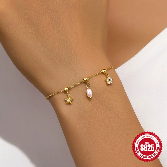 Wholesale S925 Sterling Silver Niche Design Pearl Five Petal Flower Starfish Pendant Bracelet With Geometric Pattern And Electroplating Process For Women