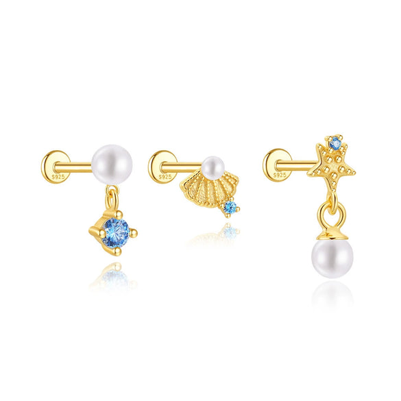 Wholesale S925 Sterling Silver Ocean Shell Starfish Geometric Flat Head Threaded Piercing Ear Bone Nail Earrings Set With Environmentally Friendly Electroplating For Women And Men