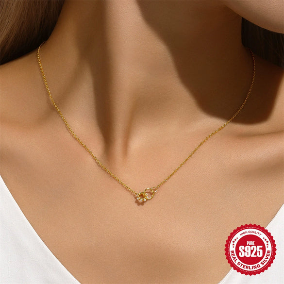 Wholesale S925 Sterling Silver Ochain Necklace With Round Pearl Ring Link And Geometric Pattern Electroplated For Women